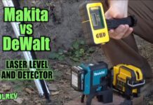 Makita and DeWalt laser levels on dirt ground.