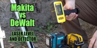 Makita and DeWalt laser levels on dirt ground.
