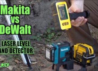 Makita and DeWalt laser levels on dirt ground.