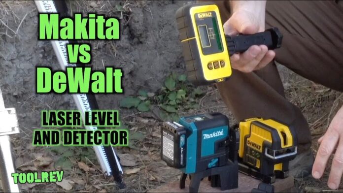 Makita and DeWalt laser levels on dirt ground.