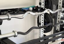 rep and rogue ez curl bars on a rack