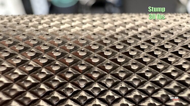 Rogue Stump Bar knurling up close in stainless steel.