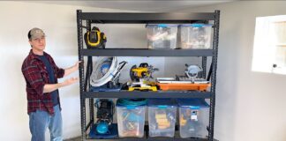 husky 4 shelf steel shelving in garage