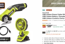 RYOBI 4V Box Cutter and Fan Deal RYOBI USB Lithium Power Cutter Kit with Clamp Fan on Home Depot Labor Day sale for $59.97