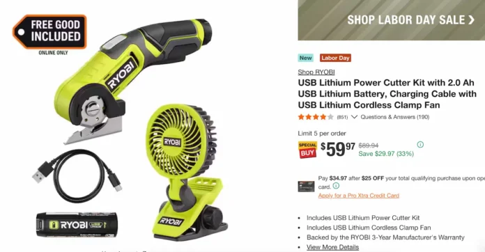 RYOBI USB Lithium Power Cutter Kit with Clamp Fan – Home Depot Sale RYOBI USB Lithium Power Cutter Kit with Clamp Fan on Home Depot Labor Day sale for $59.97
