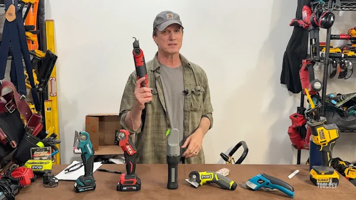 Powered box cutter comparison ToolRev workshop test of seven powered box cutters, including Ryobi, Makita, Skil, BoxBlayde, Vloxo, Milwaukee, and DeWalt