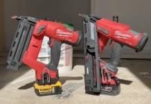 Cordless Power Tool Battery Adapters: Safe or Certain Death Milwaukee nailers, one with a DeWalt battery.
