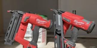 Cordless Power Tool Battery Adapters: Safe or Certain Death Milwaukee nailers, one with a DeWalt battery.