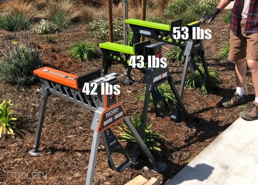 RIDGID, Jawhorse, and Rockwell clamp stands labeled 42, 43, and 53 lbs RIDGID, Jawhorse, and Rockwell clamp stands labeled 42, 43, and 53 lbs