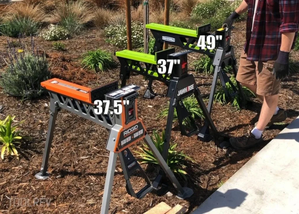 RIDGID, Jawhorse, and Rockwell stand heights RIDGID, Jawhorse, and Rockwell clamp stands labeled 37.5, 37, and 49 inches tall