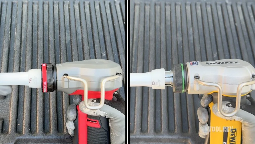 DeWalt DCE400 expanding 3/4-inch PEX-A tubing on a worksite. DeWalt DCE400 expanding 3/4-inch PEX-A tubing on a worksite.