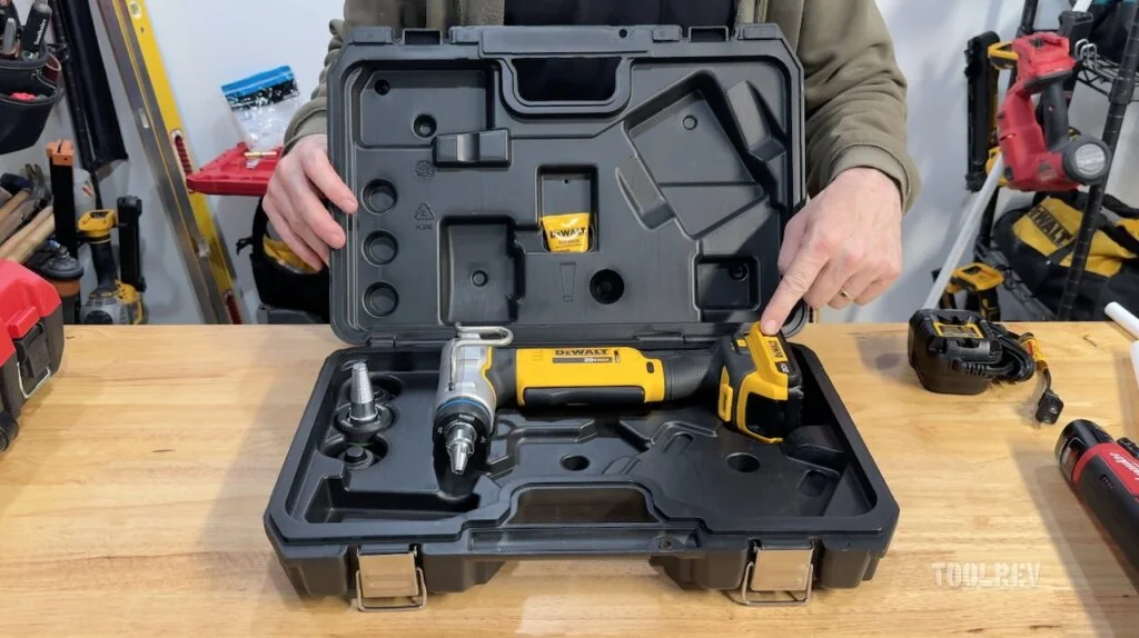 DeWalt PEX Expander in included case on a workbench. DeWalt PEX Expander in included case on a workbench.