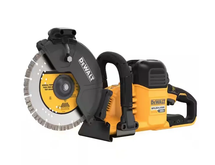 DeWalt DCS692B 60V 9 in. cut-off saw DeWalt DCS692B 60V MAX 9 in. Cordless Cut Off Saw in yellow and black color against a white background.