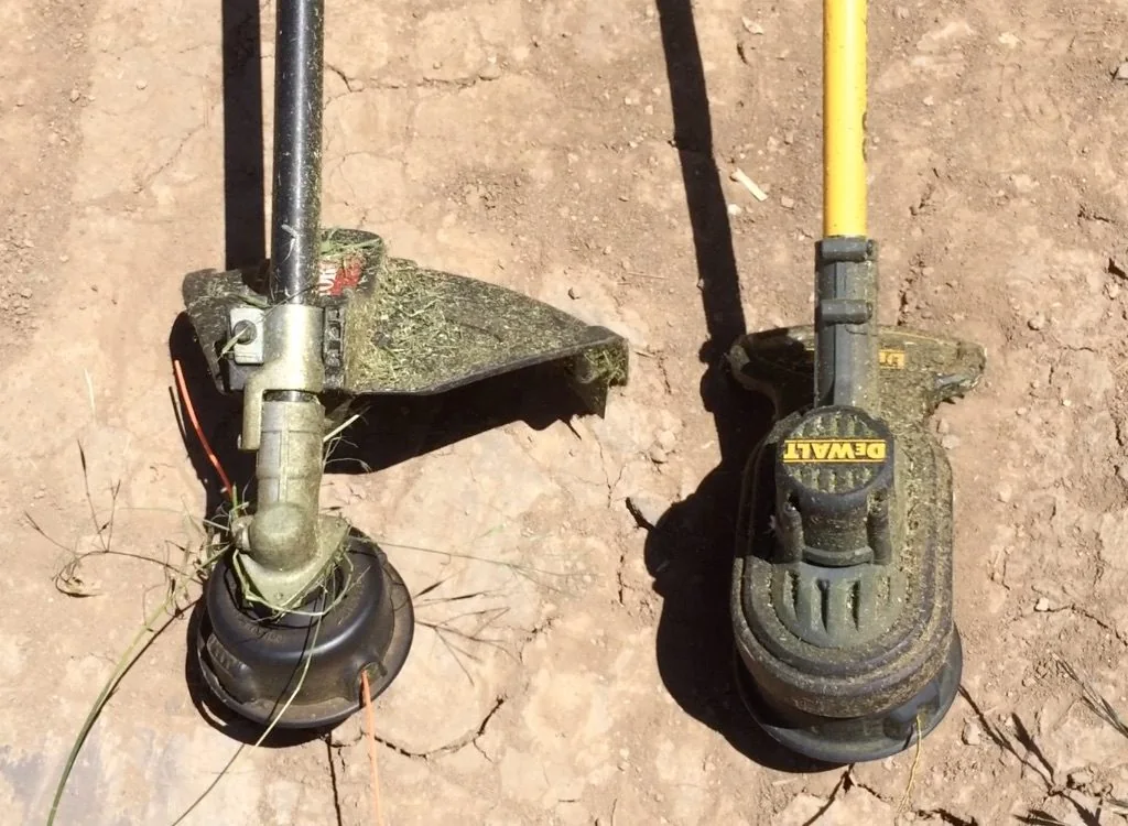 String trimmer guard and head next to a DeWalt trimmer head String trimmer guard and head next to a DeWalt trimmer head