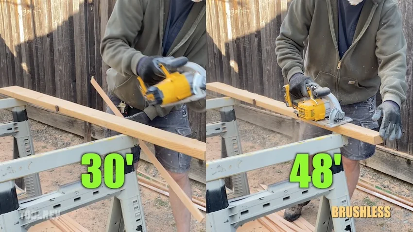 Two DeWalt cordless saws tested for runtime. Two DeWalt cordless saws tested for runtime.