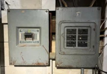 two residential electrical panel boxes on a garage wall.
