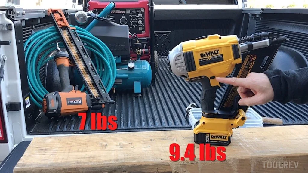 DeWalt DCN692 cordless framing nailer labeled 9.4 lbs next to a RIDGID pneumatic nailer labeled 7 lbs