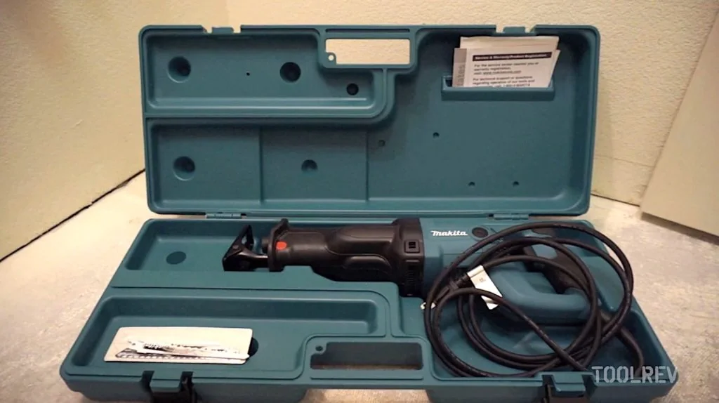 Makita reciprocating saw in its teal carrying case Makita reciprocating saw in its teal carrying case