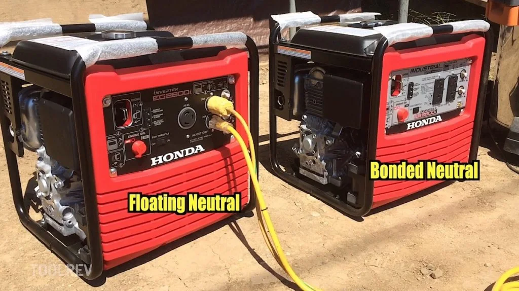 Honda EG2800i inverter generator beside a Honda industrial generator, neutral types labeled