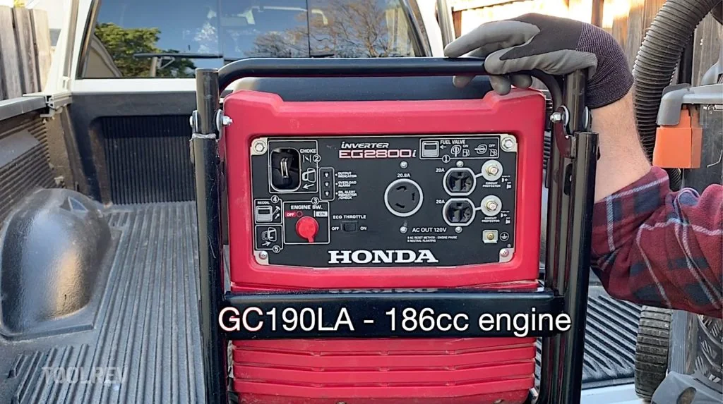 Honda EG2800i control panel, labeled GC190LA 186cc engine