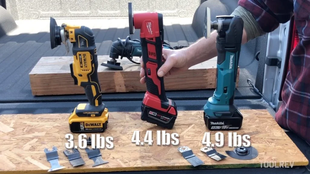 DeWalt, Milwaukee, and Makita cordless oscillating multi-tools with weights labeled