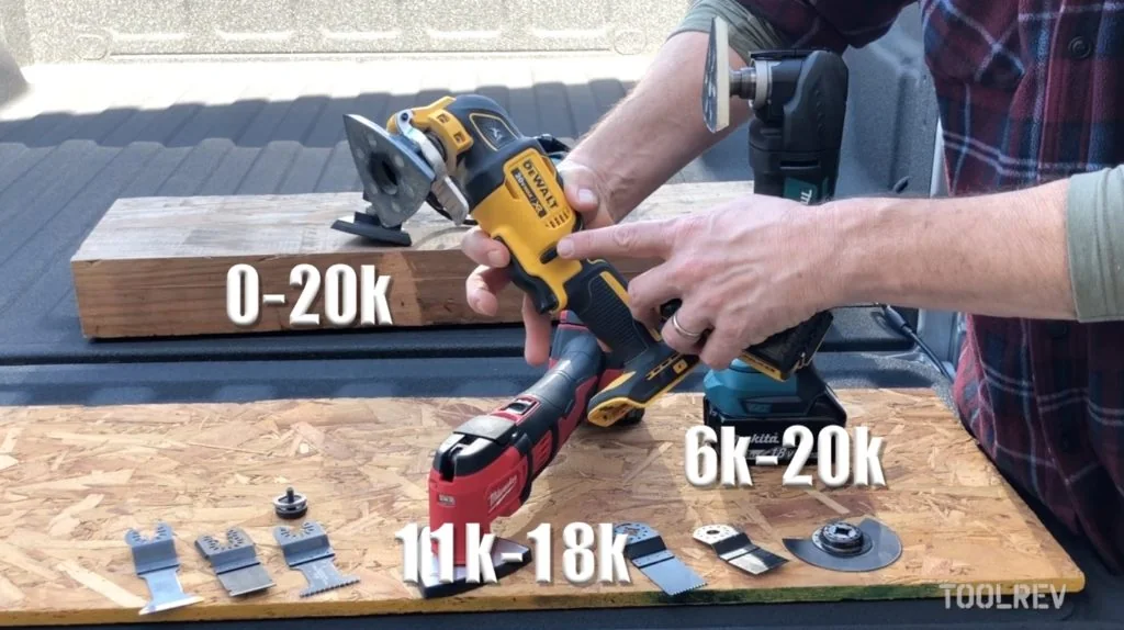 DeWalt, Milwaukee, and Makita oscillating multi-tools with speed ranges labeled