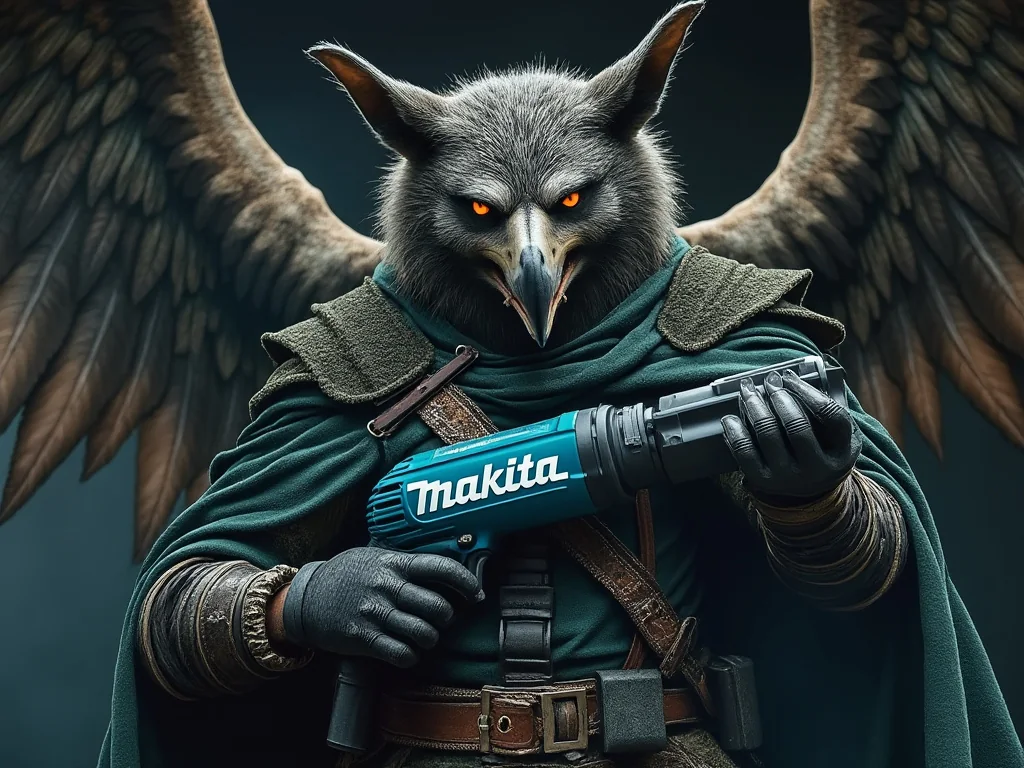 Griffin illustration holding a Makita drill Illustration of a winged griffin holding a teal Makita drill