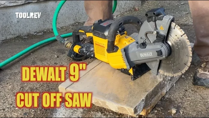 DeWalt 60V FlexVolt 9 in. cut-off saw review DeWalt 60V FlexVolt 9 in. cordless cut-off saw cutting a paver with water