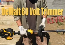 DeWalt Flexvolt String Trimmer Review (DCST970) dewalt dcst970 string trimmer held by worker wearing white gloves