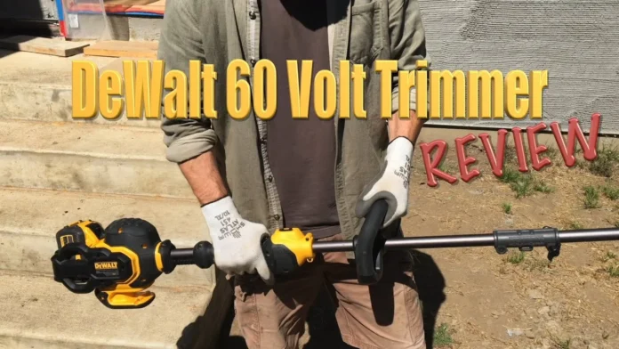 dewalt dcst970 string trimmer held by worker wearing white gloves dewalt dcst970 string trimmer held by worker wearing white gloves