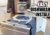 How to Install a Dishwasher Dishwasher pulled out in a kitchen with water line and installation supplies, easy dishwasher install