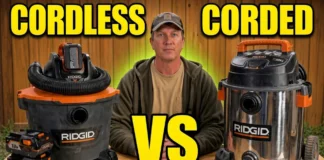RIDGID HD0919 18V cordless shop vac vs corded RIDGID stainless shop vac runtime and power test
