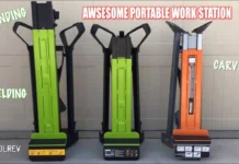 Rockwell Jawhorse vs. Sheetmaster Review Rockwell Jawhorse and Sheetmaster portable clamping work stations standing side by side